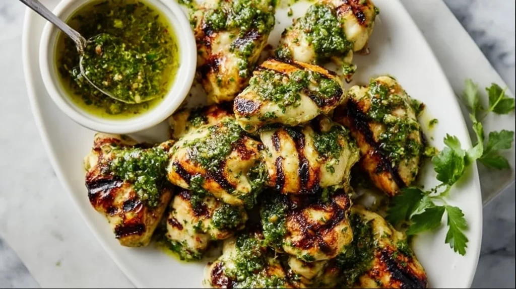 Grilled chimichurri chicken breasts and thighs served on a plate.