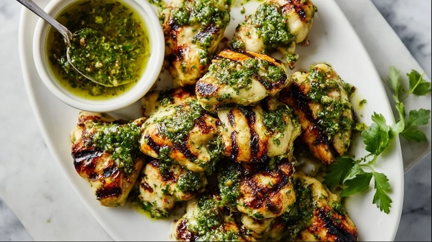 Grilled chimichurri chicken breasts and thighs served on a plate.