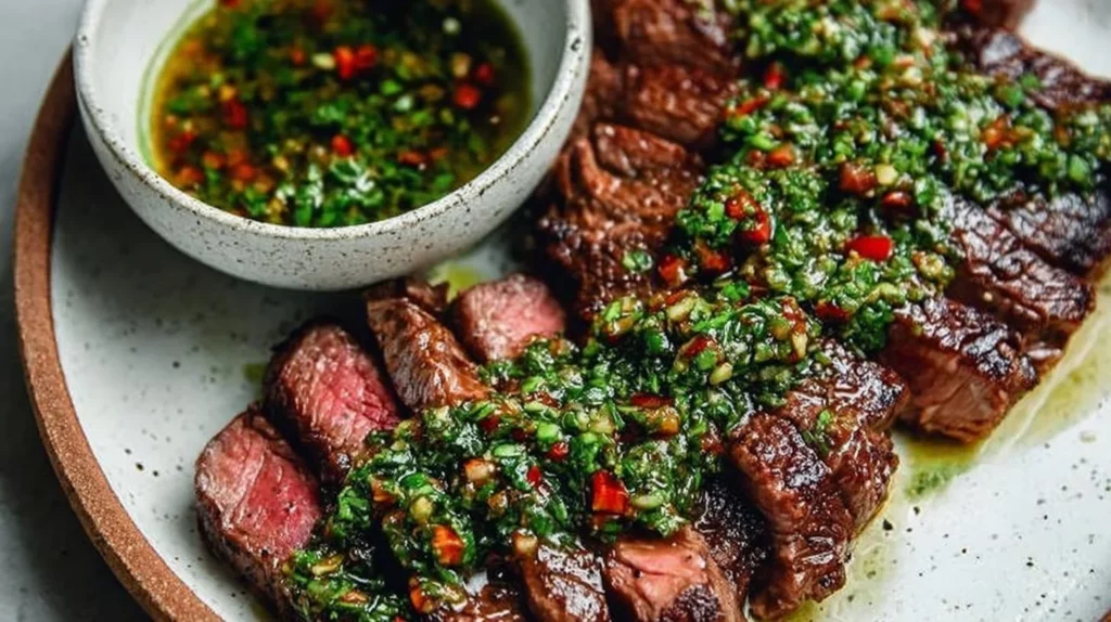 Delicious chimichurri steak garnished with fresh herbs and spices.