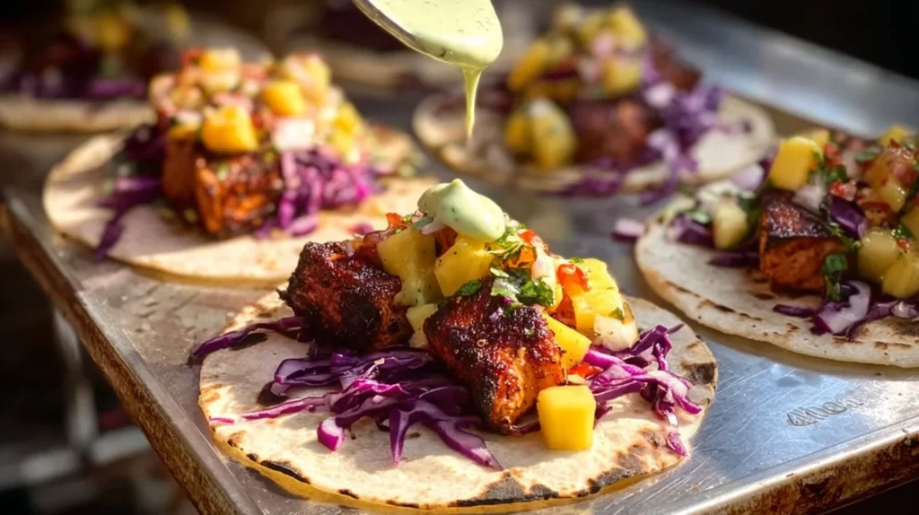 Chipotle salmon tacos topped with fresh ingredients and served on a plate.