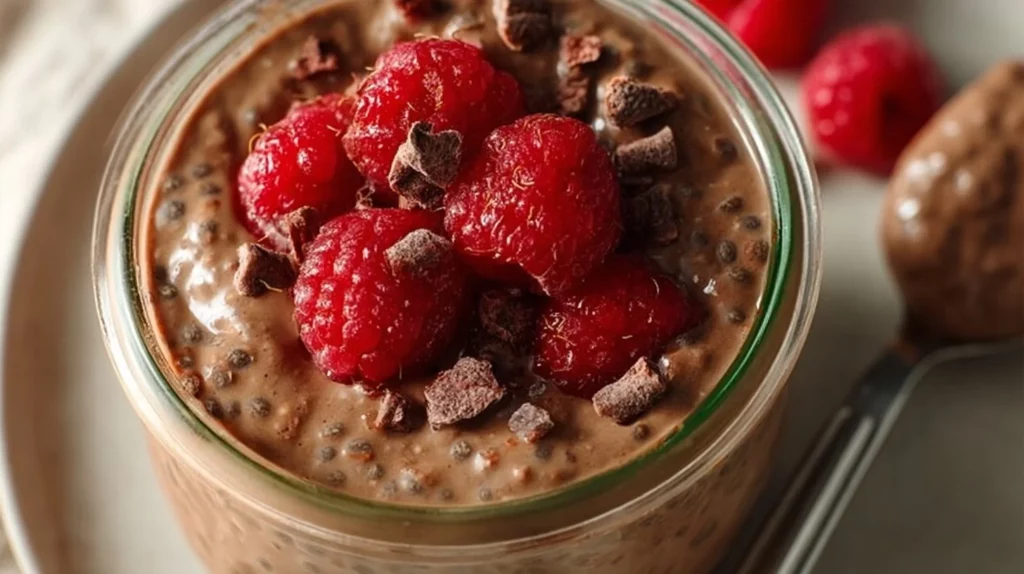 Delicious chocolate chia pudding topped with berries and nuts.