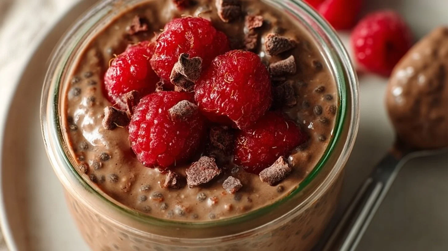 Delicious chocolate chia pudding topped with berries and nuts.
