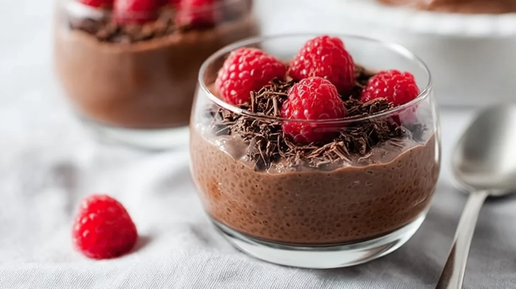 Bowl of creamy Chocolate Chia Seed Pudding topped with fresh berries