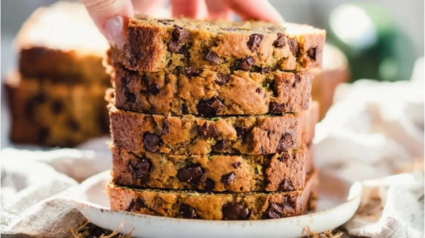 Chocolate Chip Zucchini Bread 2 Slice of chocolate chip zucchini bread on a plate with chocolate chips and zucchini.