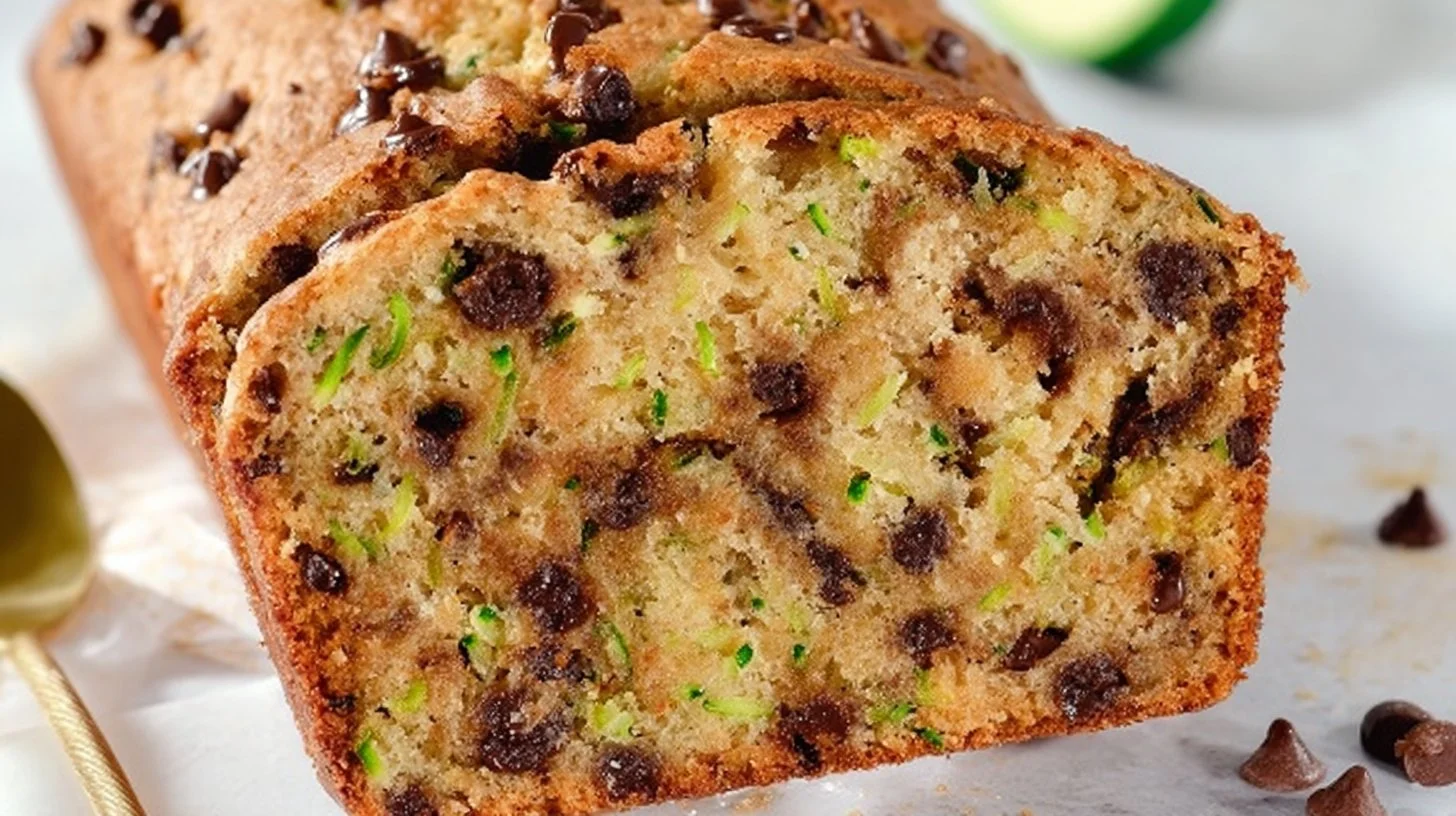 Chocolate Chip Zucchini Bread 2 Delicious chocolate chip zucchini bread with chocolate chunks and fresh zucchini.