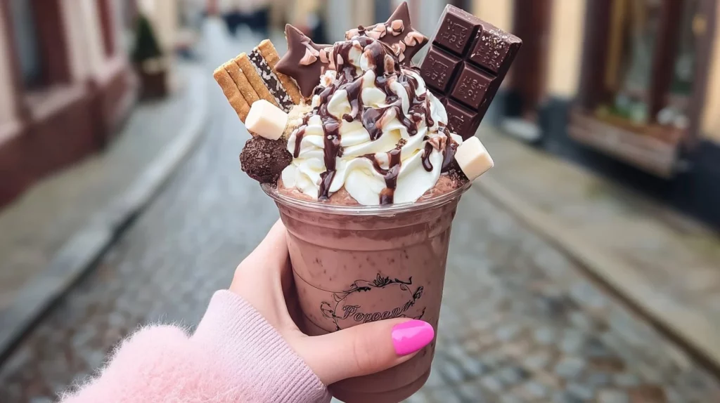 Delicious chocolate milkshake topped with whipped cream and chocolate sprinkles