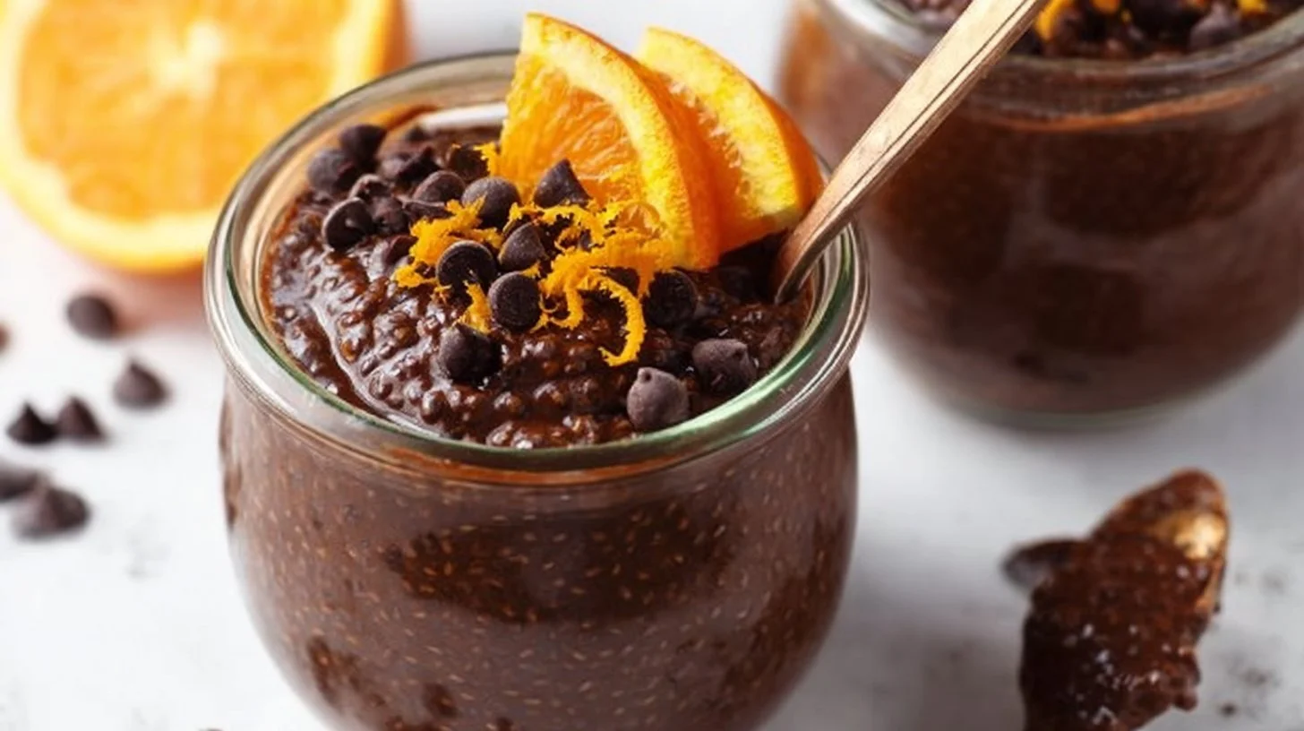 Chocolate Orange Chia Pudding served in a bowl with orange slices and chocolate sprinkles.