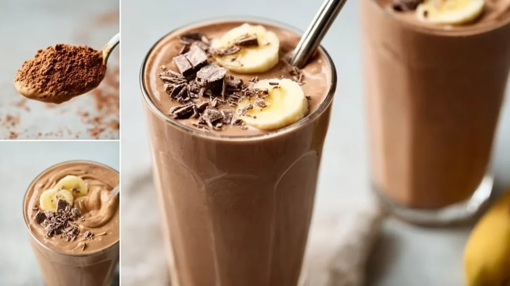 Chocolate Peanut Butter Banana Smoothie in a glass with banana slices and chocolate drizzle