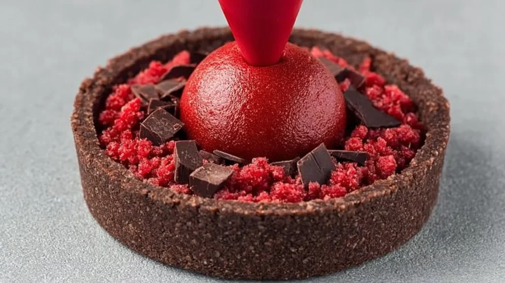 Delicious chocolate raspberry mini tarts garnished with fresh raspberries