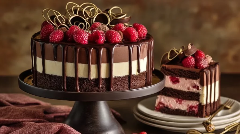 Decadent chocolate raspberry mousse cake topped with fresh raspberries