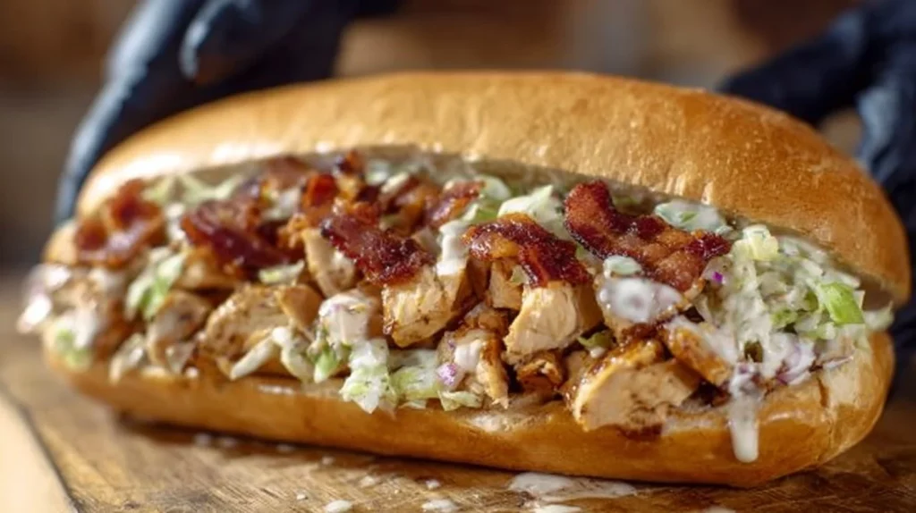 Chopped chicken bacon ranch sandwich with fresh ingredients and ranch dressing