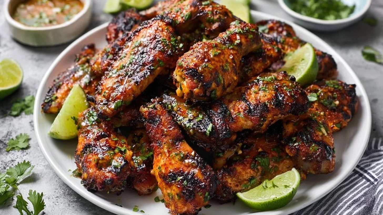 Cilantro lime chicken wings garnished with fresh cilantro and lime slices