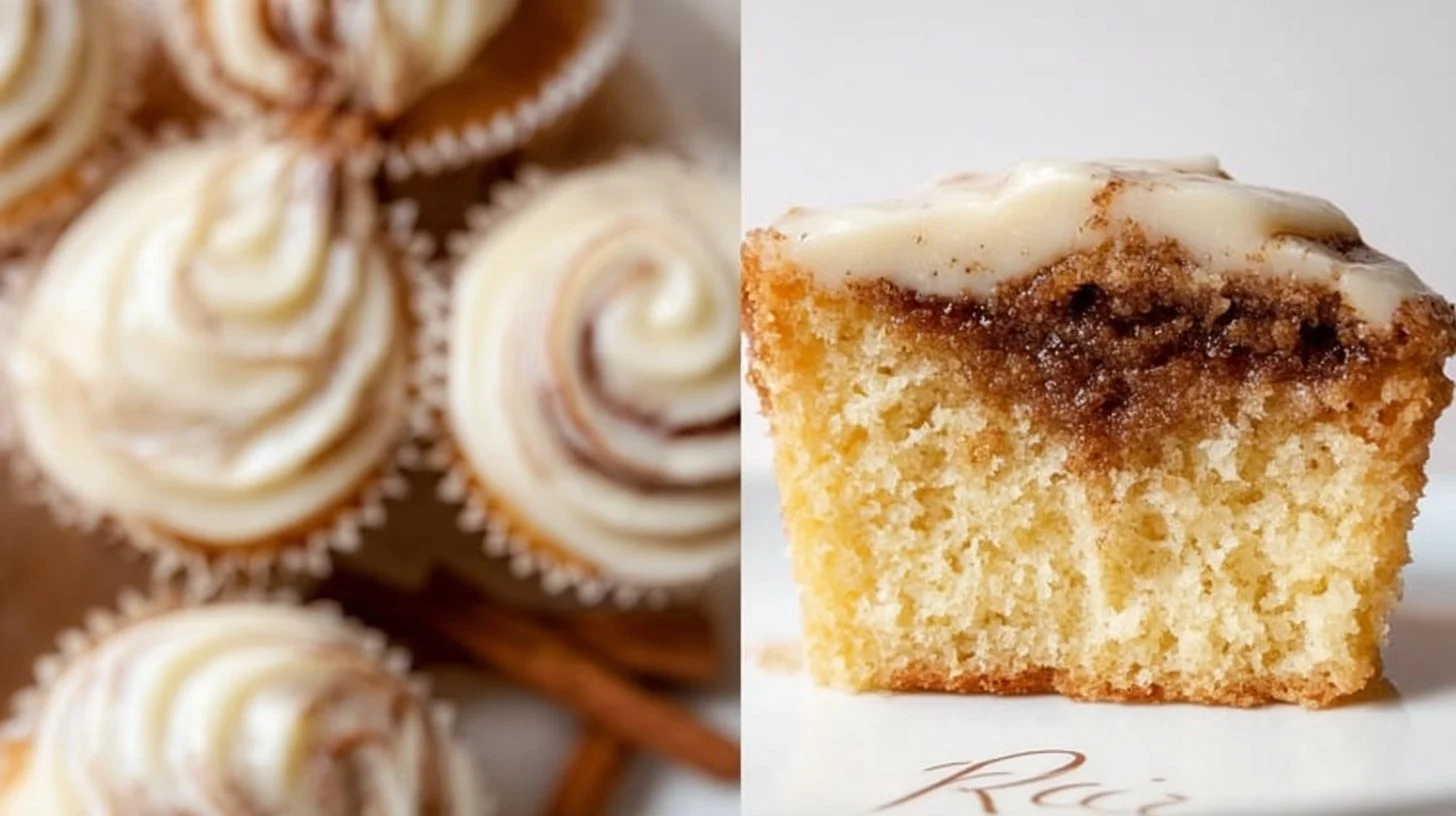 Delicious cinnamon roll cupcakes topped with creamy frosting