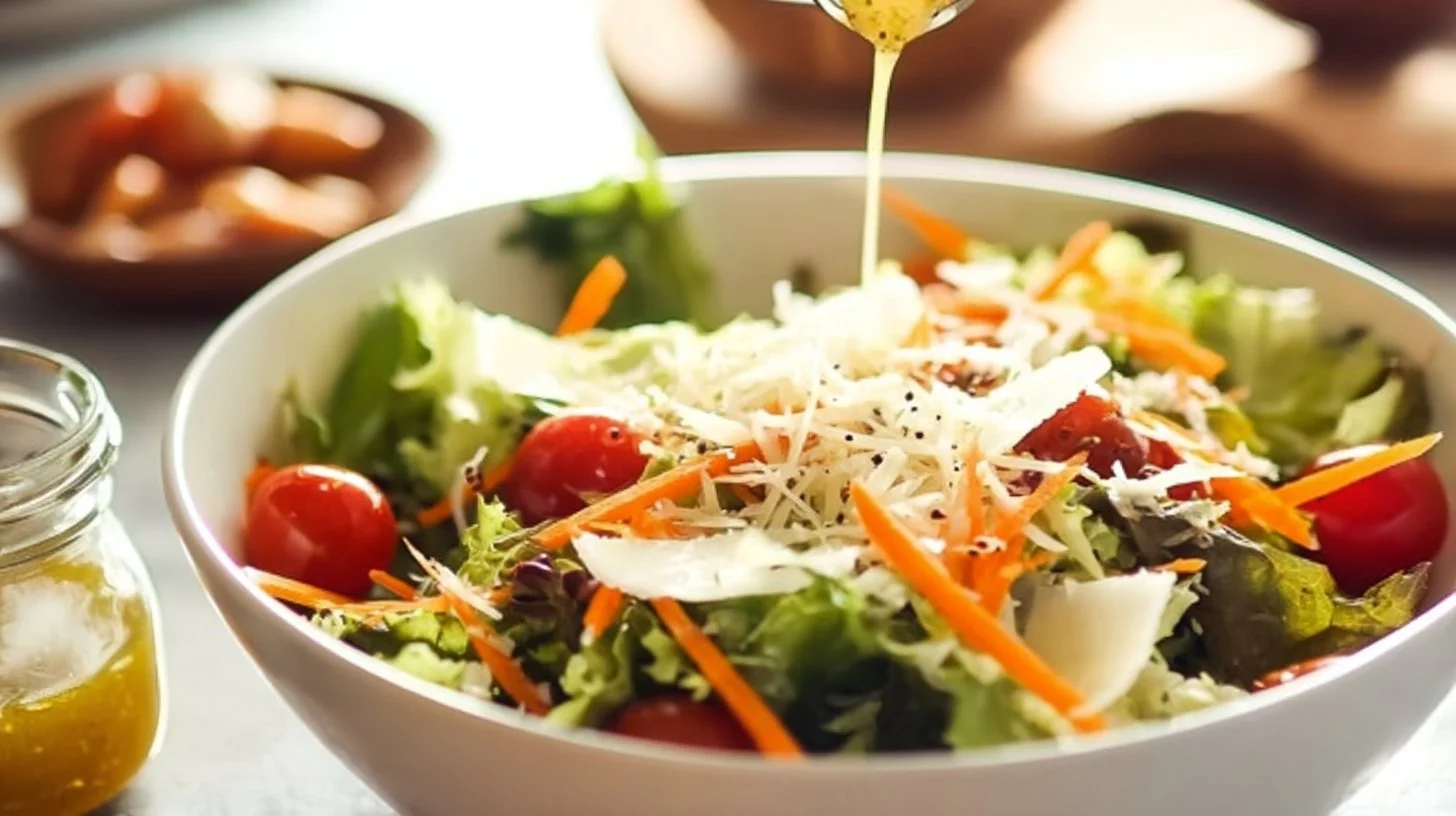 Bottle of Classic Creamy Italian Salad Dressing next to a fresh salad.