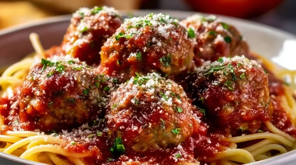 Delicious classic Italian meatballs served on a plate with marinara sauce.