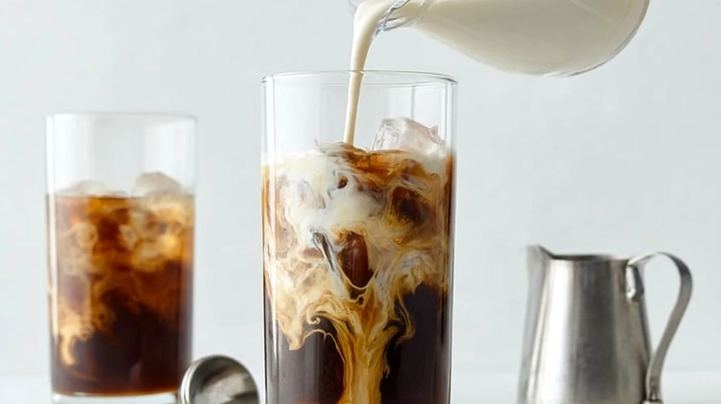 Freshly brewed cold brew coffee served in a clear glass with ice.