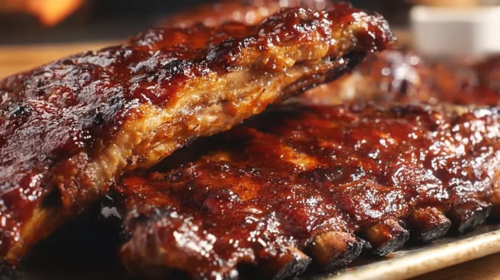 Deliciously cooked ribs served on a platter with a side of barbecue sauce