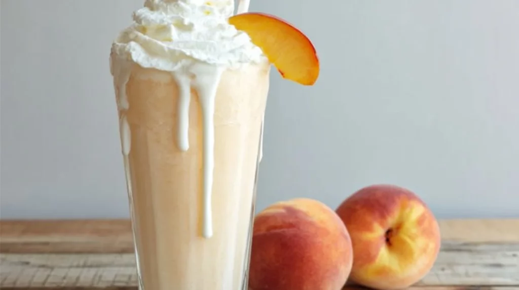 Homemade Chick-fil-A style Peach Milkshake in a glass with fresh peaches