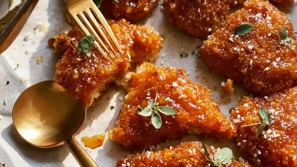 Crispy cornflake-crusted chicken served with vegetables on a plate