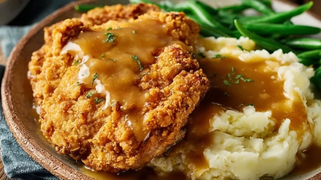 Crispy country fried chicken breast served with sides
