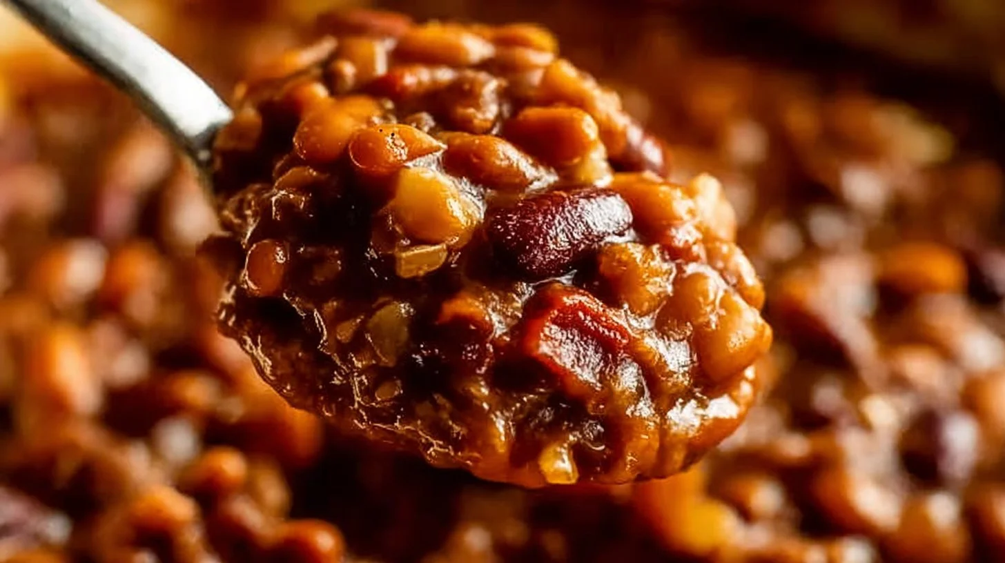 Delicious Cowboy Baked Beans in a slow cooker ready to serve.