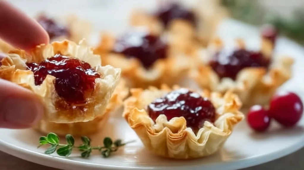 Cranberry Brie Tarts served on a platter, garnished with fresh herbs