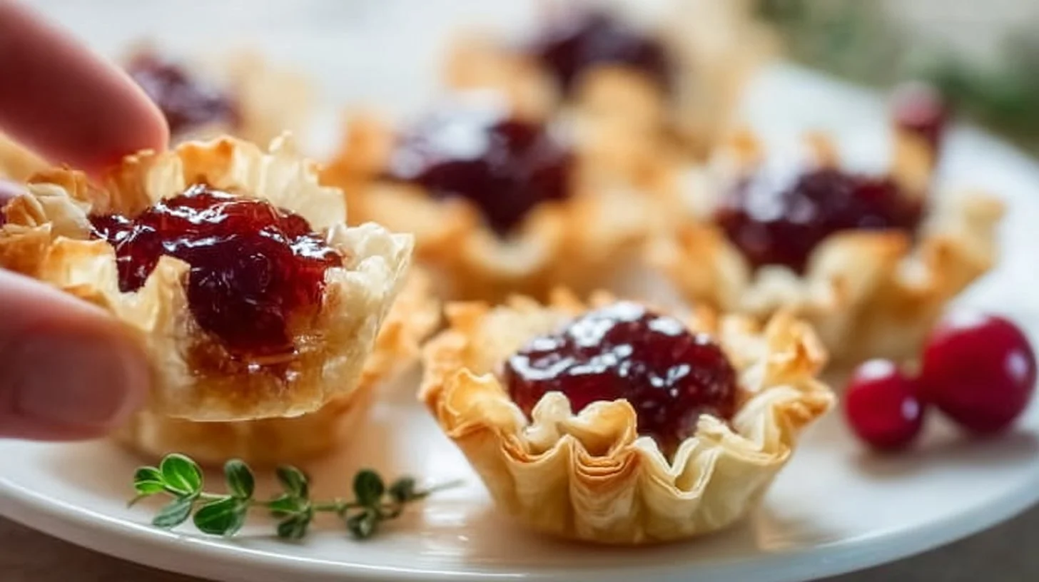 Cranberry Brie Mini Tarts 2 Cranberry Brie Tarts served on a platter, garnished with fresh herbs