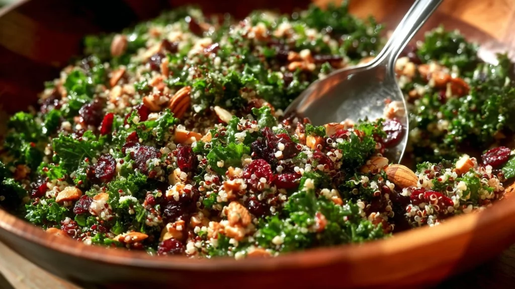Cranberry Kale Quinoa Salad with candied pecans in a vibrant bowl