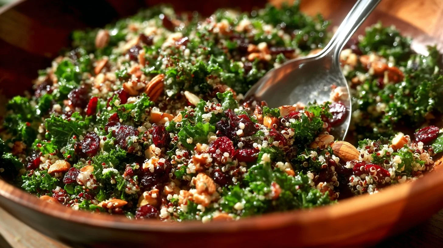 Cranberry Kale Quinoa Salad with candied pecans in a vibrant bowl