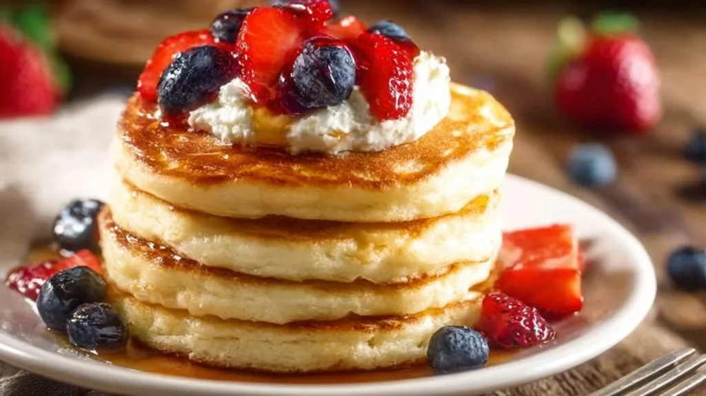 Fluffy cream cheese pancakes drizzled with syrup on a breakfast plate