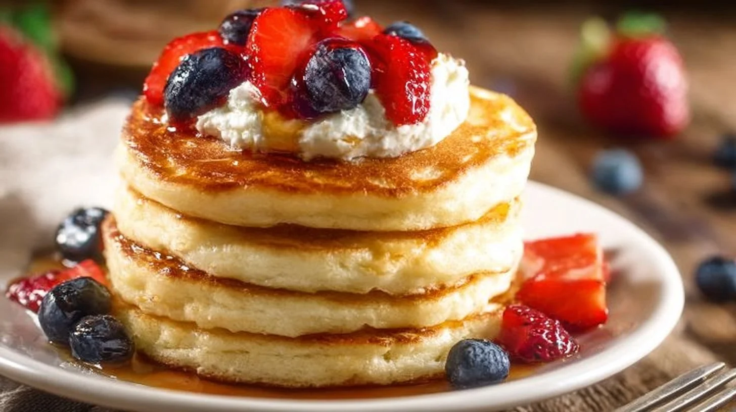 Fluffy cream cheese pancakes drizzled with syrup on a breakfast plate