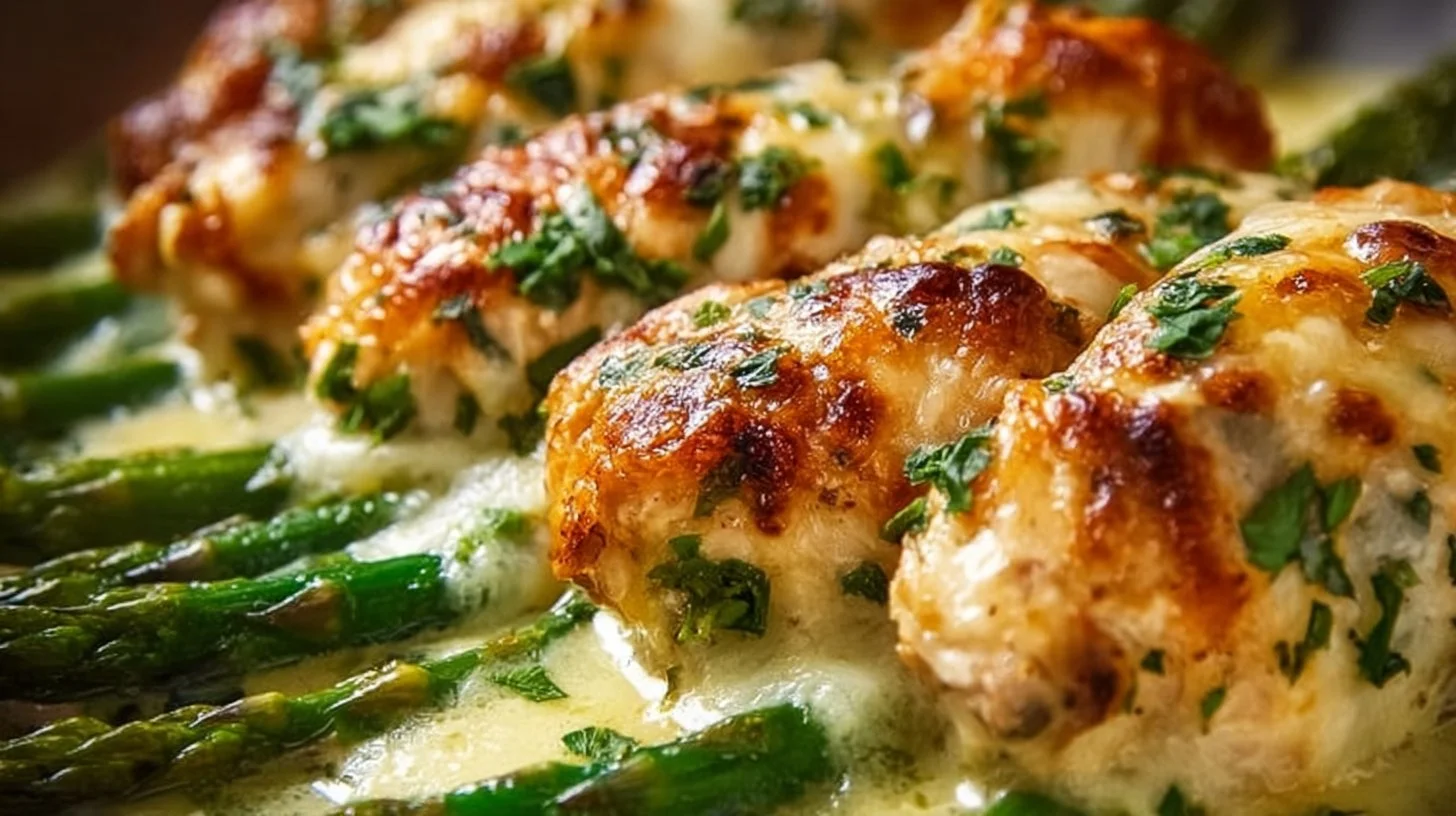 Creamy baked chicken with asparagus served on a plate, garnished with herbs.