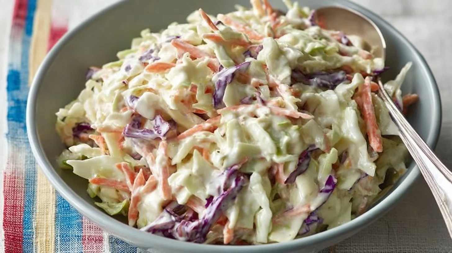 Delicious creamy coleslaw served in a bowl, showcasing fresh cabbage and carrots.