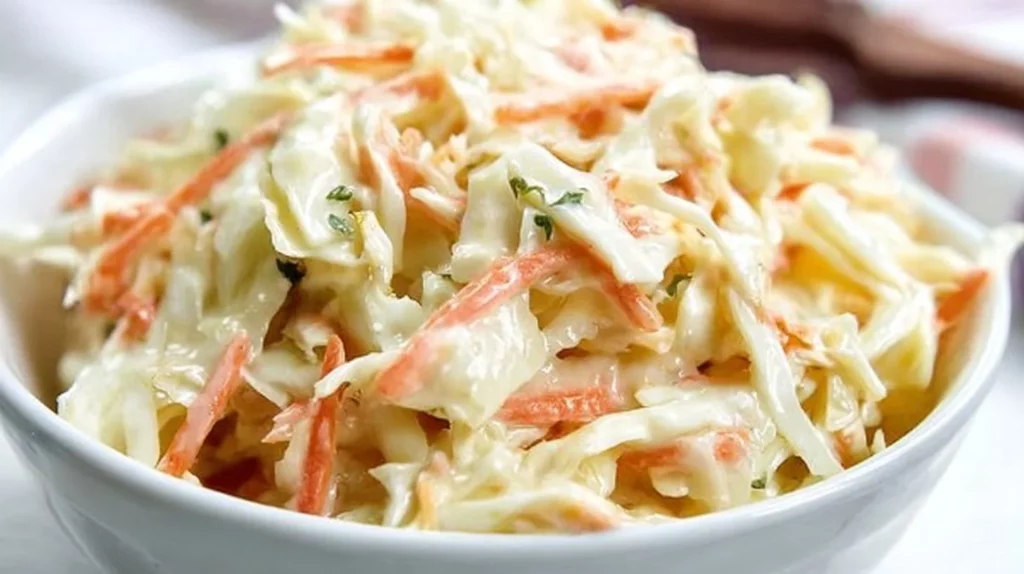 Bowl of creamy coleslaw made with fresh vegetables and a rich dressing