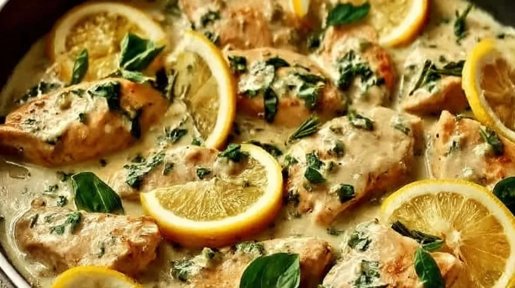 Plate of creamy lemon basil chicken garnished with fresh herbs