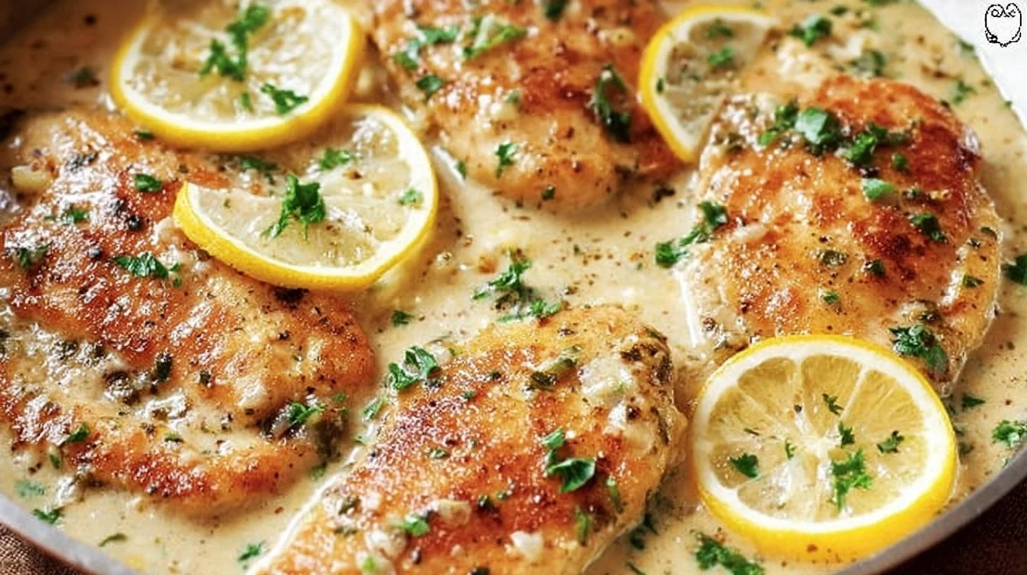 Creamy Lemon Chicken 2 Delicious creamy lemon chicken served with fresh herbs and lemon slices.