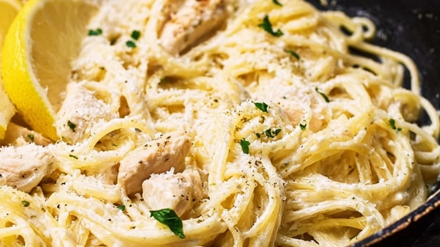 Creamy lemon chicken pasta garnished with herbs in a bowl