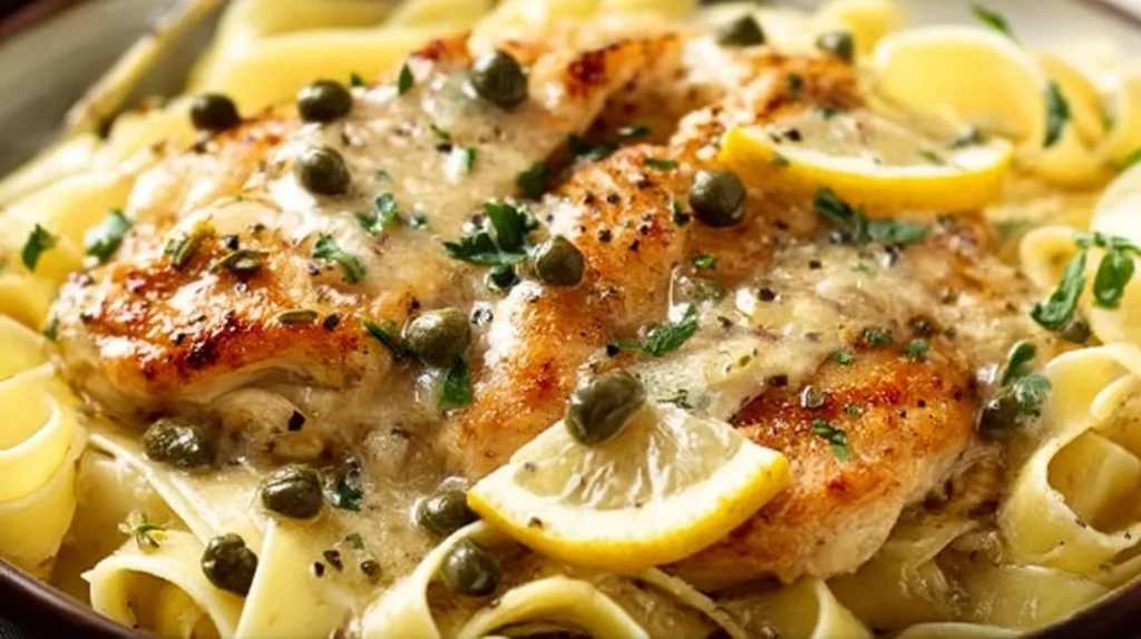 Creamy lemon chicken piccata served with a side of pasta and fresh herbs