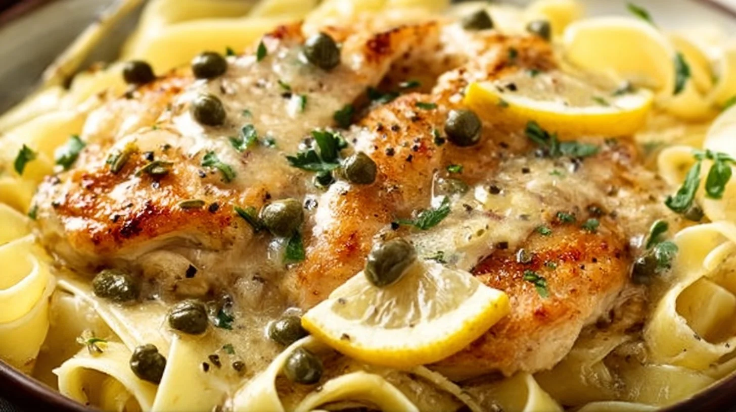 Creamy lemon chicken piccata served with a side of pasta and fresh herbs