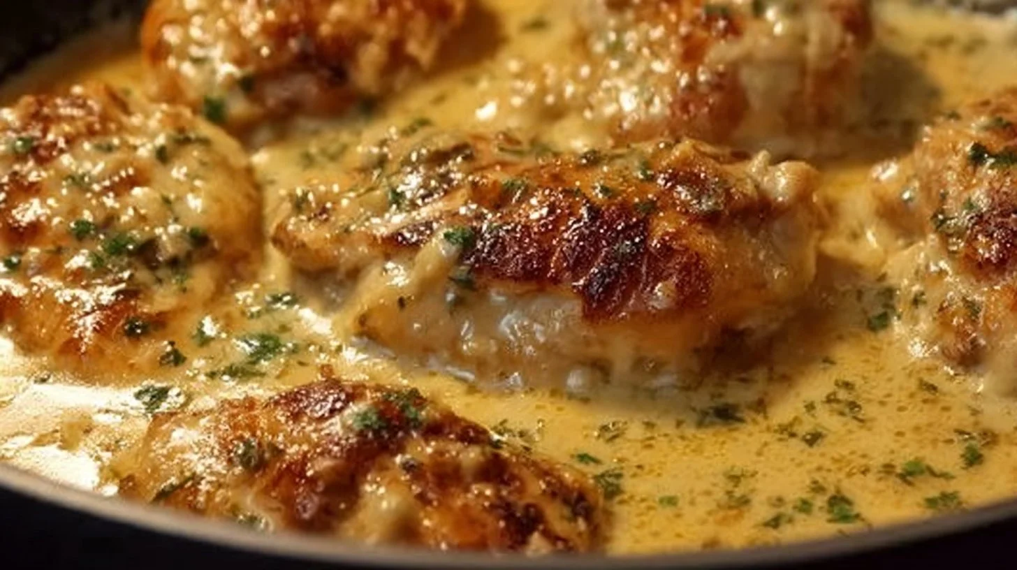 Delicious creamy lemon garlic chicken served on a plate with herbs
