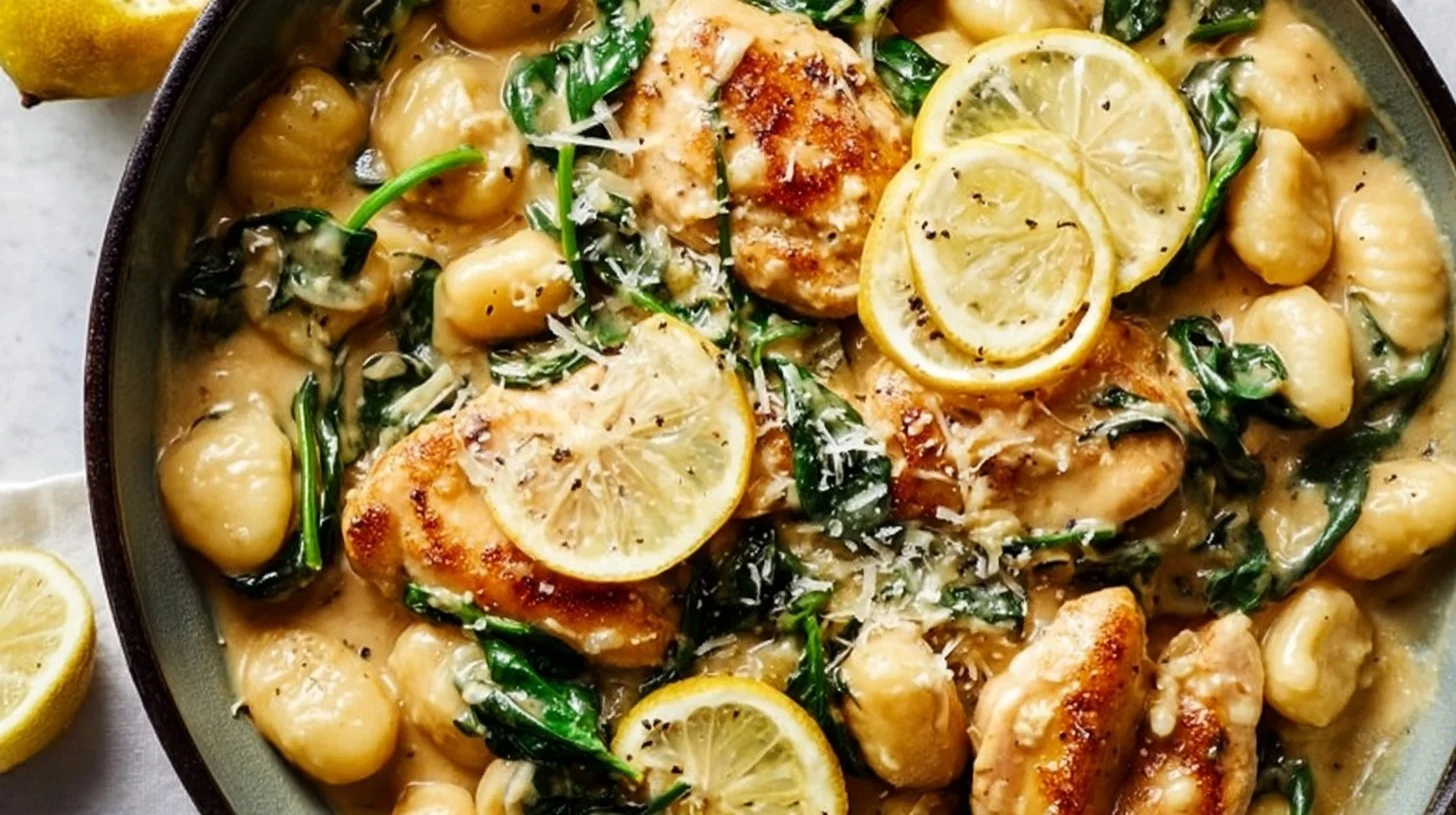 Creamy lemon parmesan chicken gnocchi dish garnished with herbs