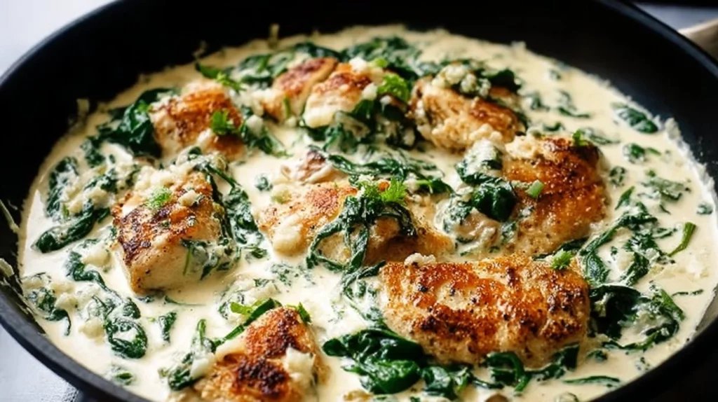 Creamy spinach garlic chicken served on a plate with fresh herbs