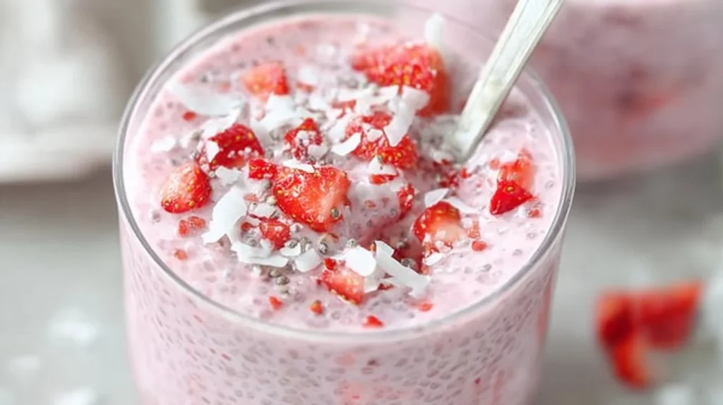 Delicious creamy strawberry chia pudding served in a glass