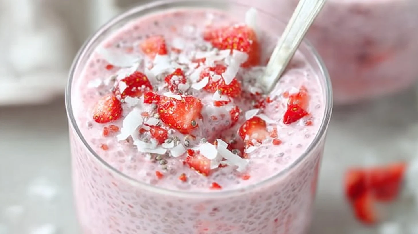 Delicious creamy strawberry chia pudding served in a glass