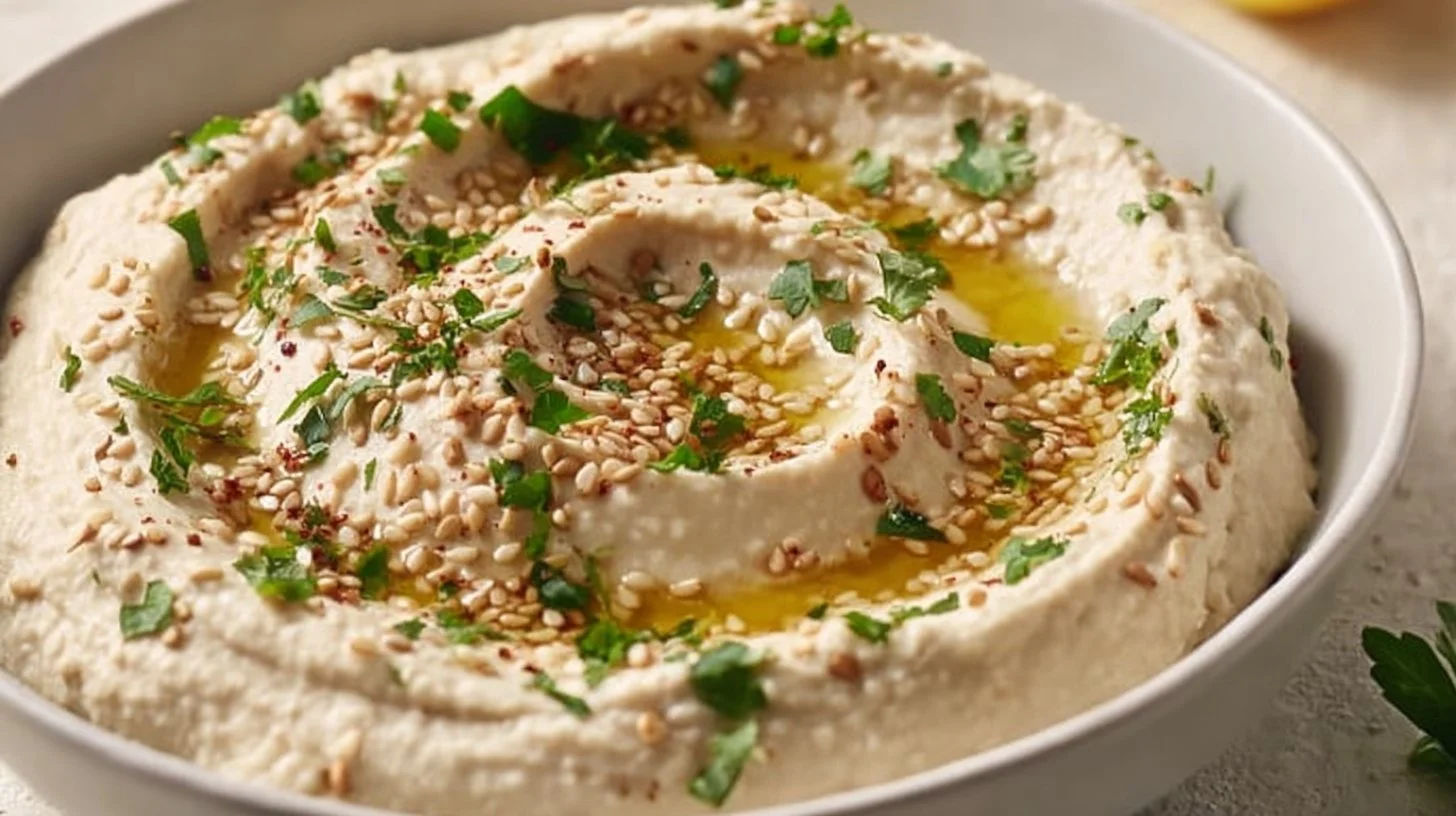 Bowl of creamy white bean hummus garnished with olive oil and herbs