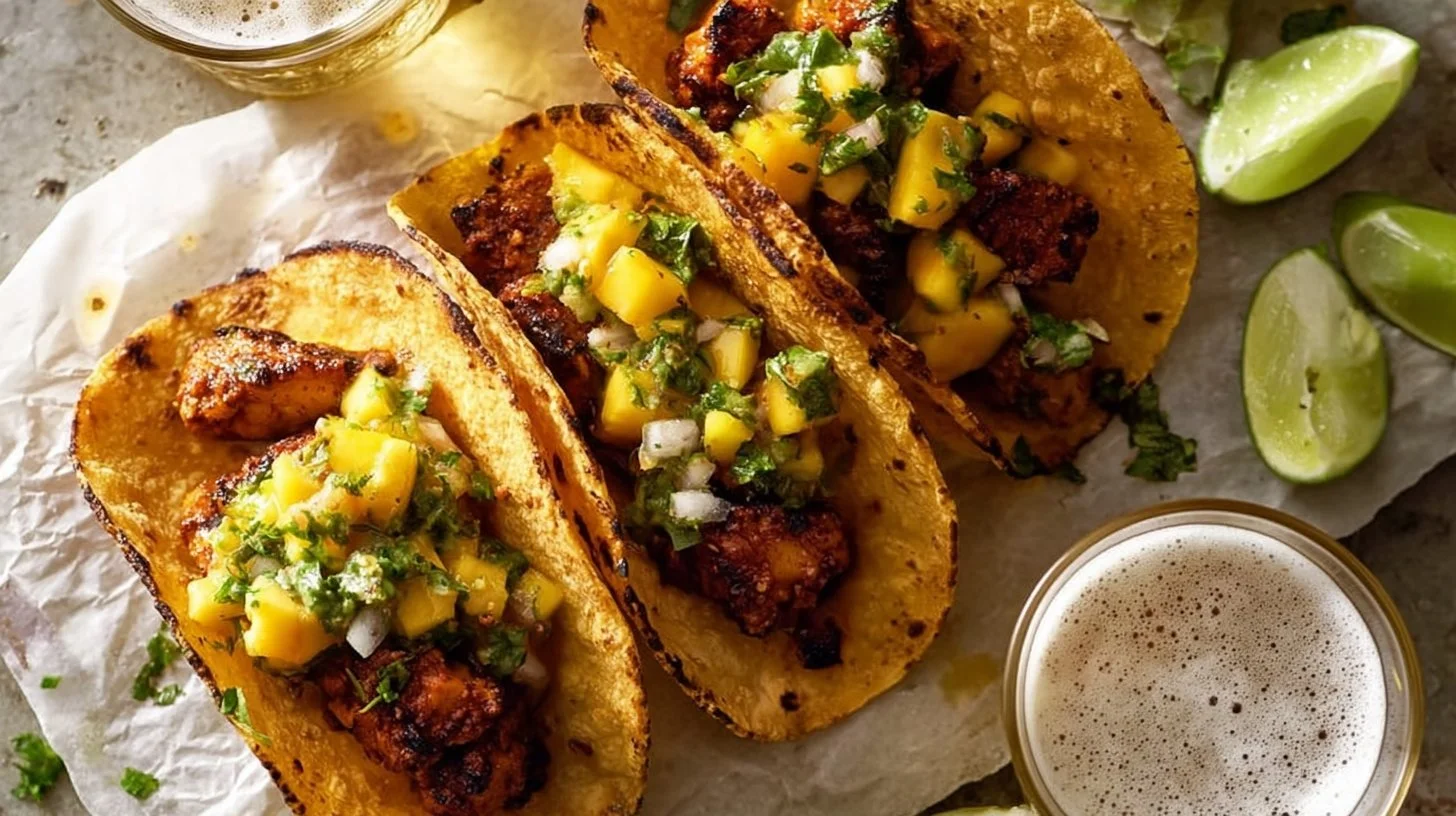 Crispy BBQ salmon tacos topped with avocado and mango in a soft tortilla