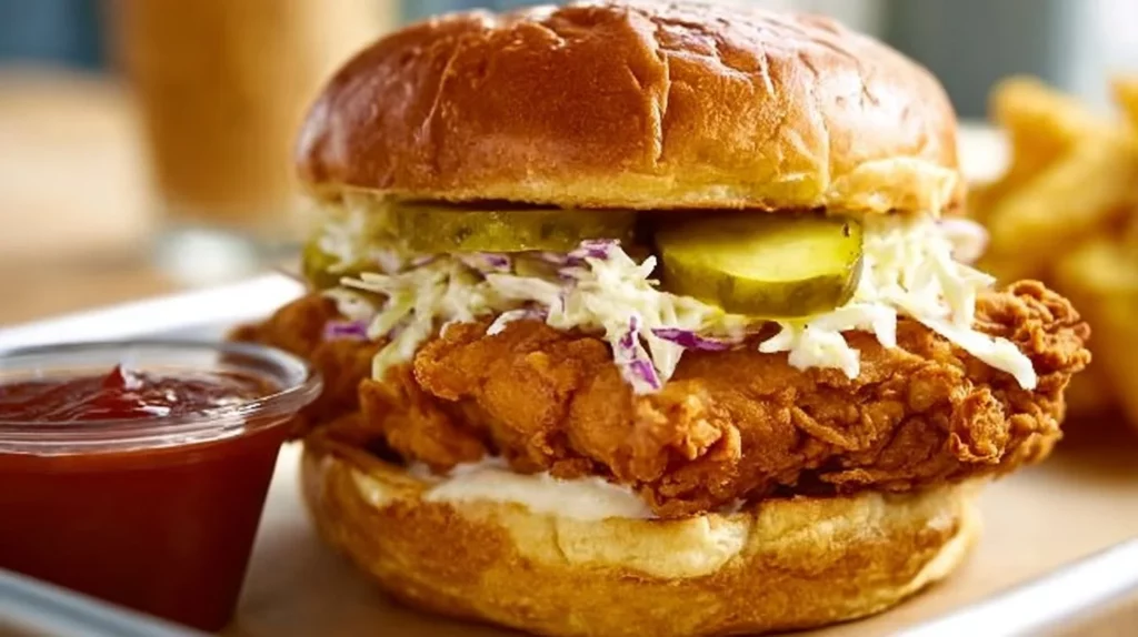 Crispy buttermilk fried chicken sandwich stacked with fresh toppings