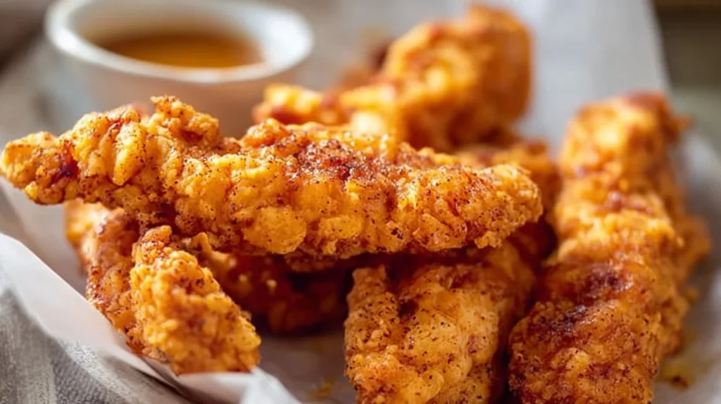 Golden crispy chicken tenders ready to be enjoyed with dipping sauces