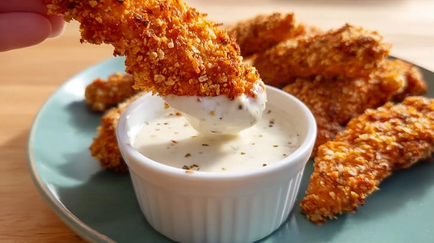 Crispy Hot Honey Chicken Tenders 2 Plate of crispy hot honey chicken tenders drizzled with honey and spices.
