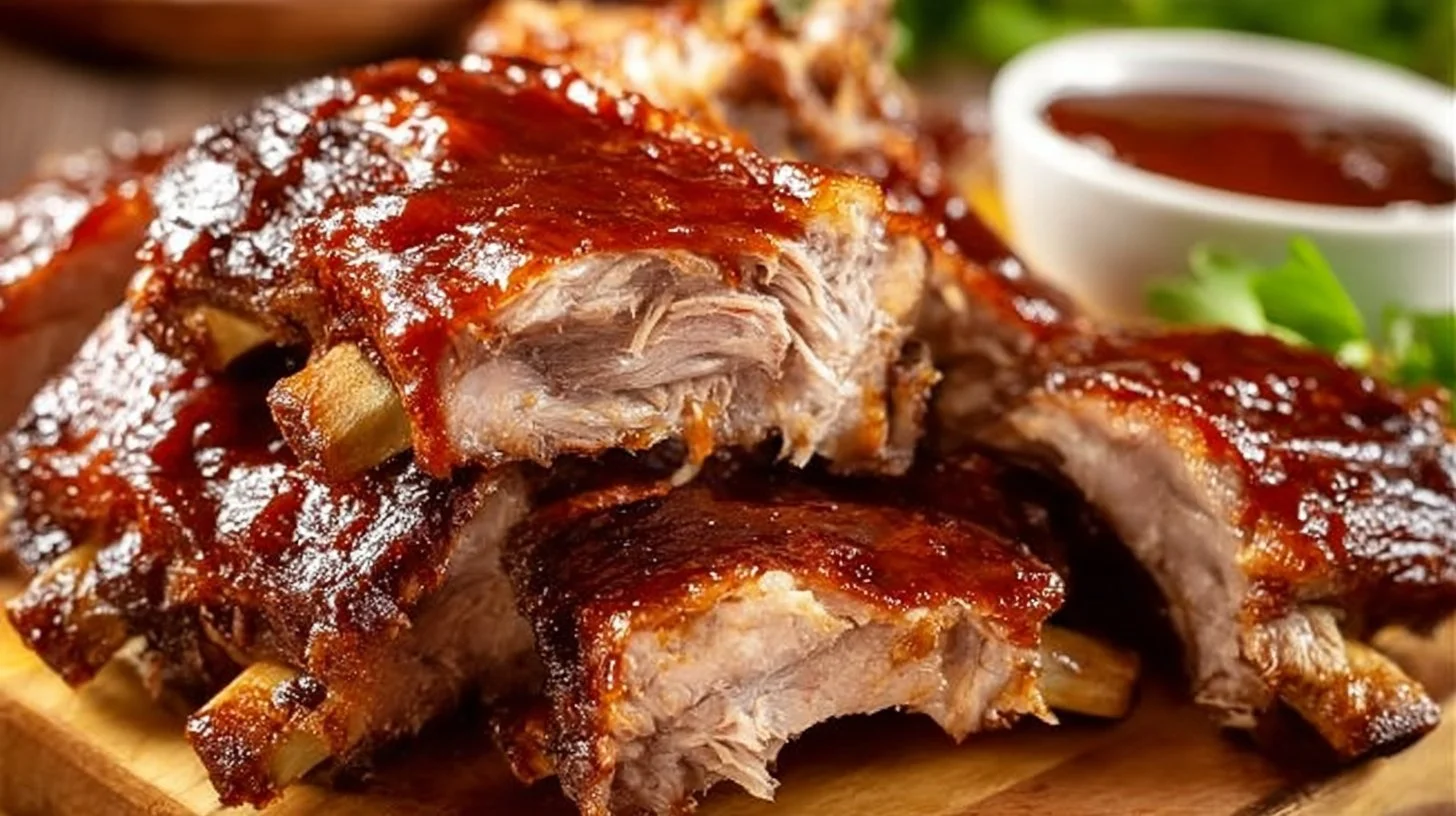 Delicious Crock Pot BBQ ribs served with sauce and sides